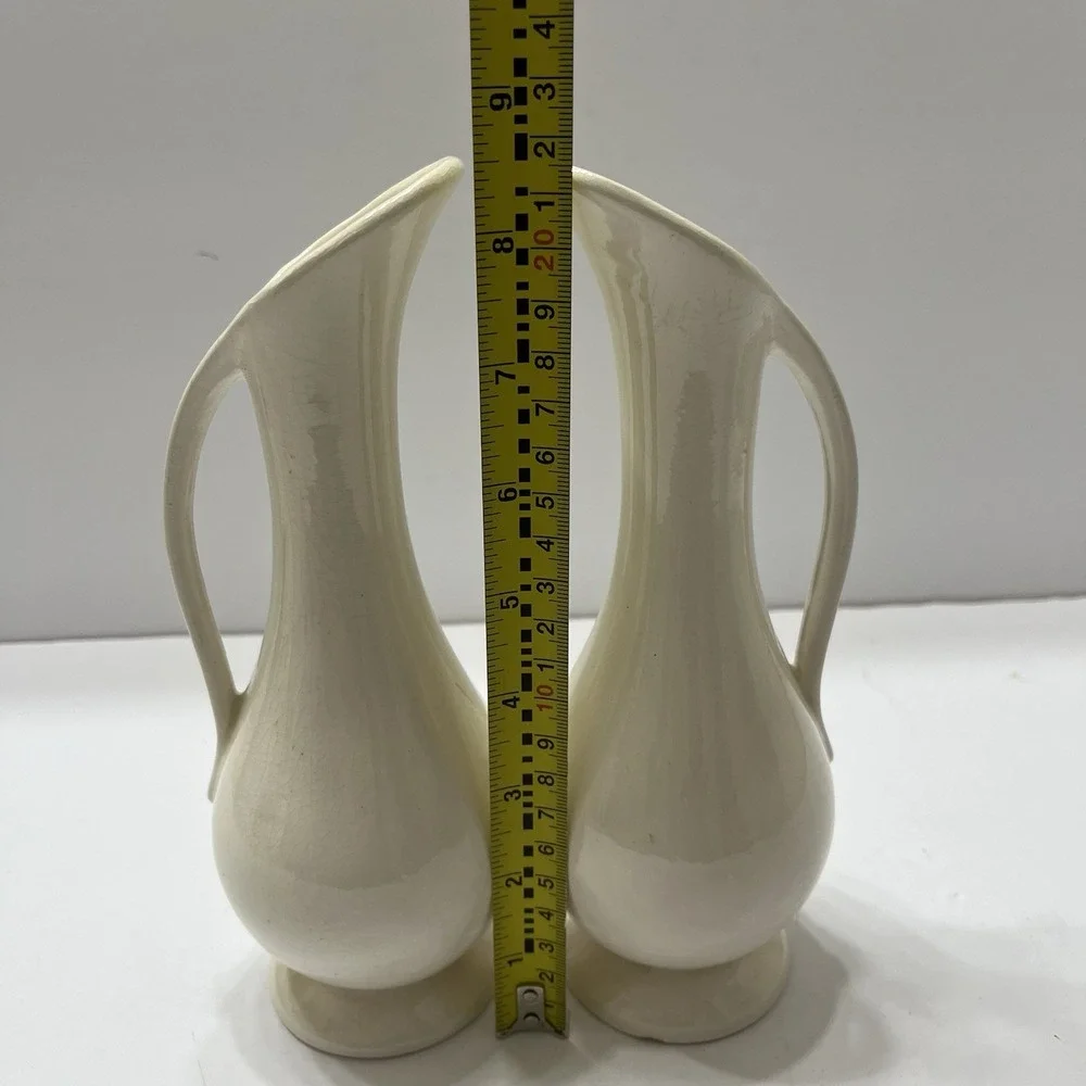 Vintage Off-White Floral Vases Set Of 2 Yellow Flowers Signed 1964 Ceramic